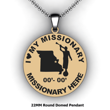 Load image into Gallery viewer, Personalized round I love my Missionary Mission pendant with Moroni and Country or state - design your own necklace - custom Embossed oval text formatted  with Country or state  and Moroni pendant 14K YG
