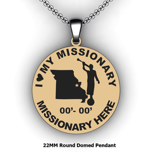 Personalized round I love my Missionary Mission pendant with Moroni and Country or state - design your own necklace - custom Embossed oval text formatted  with Country or state  and Moroni pendant 14K YG