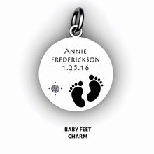Load image into Gallery viewer, custom round bracelet charm with baby feet, name, birth date and birth stone