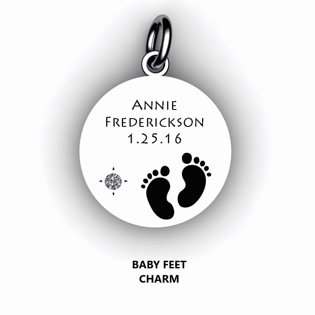 custom round bracelet charm with baby feet, name, birth date and birth stone