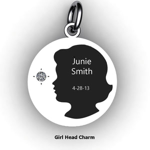 round baby girl charm with name, birth date and birth stone