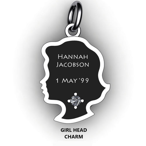 baby girl head bracelet charm with name, birth stone and birth date