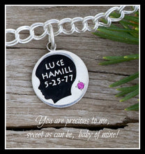 Load image into Gallery viewer, custom round baby boy charm with name, birth date and birth stone