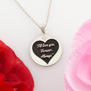 Personalized sterling silver round necklace with heart, crystal and choice of quote