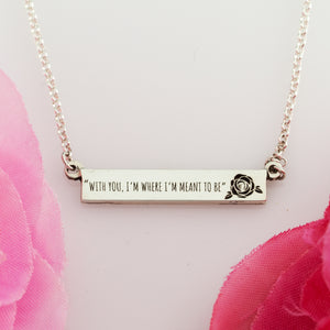 Sterling silver personalized bar necklace with rose and choice of saying or quote