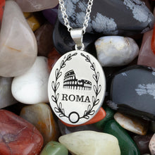 Load image into Gallery viewer, Personalized oval necklace engraved with choice of landmark and text
