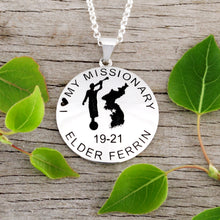 Load image into Gallery viewer, Personalized round Mission pendant with Moroni and Country or state - design your own necklace - custom round text formatted  with Country or state  and Moroni pendant