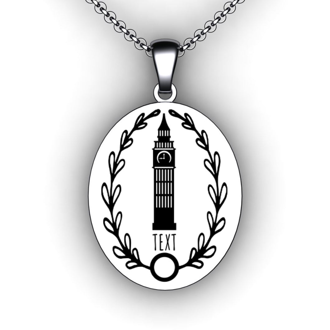Personalized oval necklace engraved with choice of landmark and text
